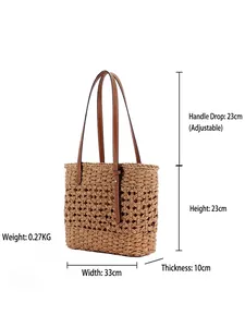 Large capacity paper rope woven tote bag with size specifications for beach vacation