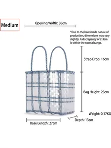 Blue and white plaid woven beach tote bag with detailed size measurements and lightweight design