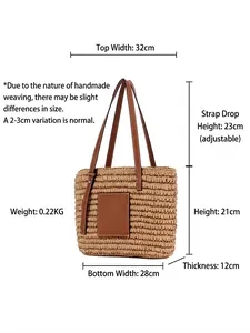 Handmade woven straw tote bag with brown leather straps and square logo patch