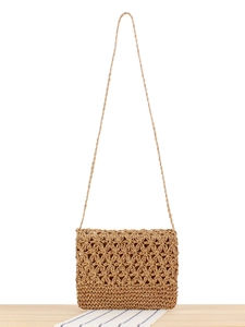 Vintage Women Woven Crossbody Bag Hollow Out Star Pattern Paper Rope Shoulder Purse Summer Beach Holiday Zip Handbag