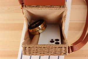 Interior detail showing beige fabric lining and capacity for phone and cosmetics