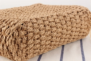 Close-up of natural paper rope weaving texture on amber acrylic chain shoulder bag