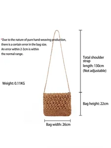 Retro hand-woven brown shoulder bag made of paper rope with detailed size measurements