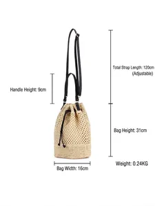 Beige hand-woven straw bucket bag with black leather straps and size specifications