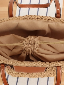 Sac cabas de plage tissé en corde de papier avec anses en cuir marron et doublure cordon