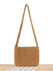 Women Woven Shoulder Bag Hand-Crocheted Cotton Rope Underarm Bag Solid Color Casual Square Purse For Vacation