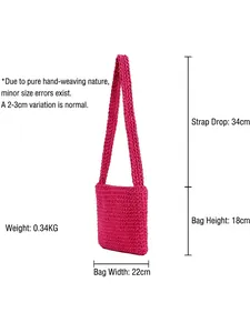Rose red hand-woven cotton rope shoulder bag in square shape with crochet texture