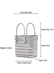 Handmade black and white woven tote bag with plastic stripe pattern for grocery or storage