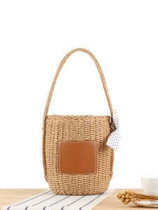 Damen Handgewebte Papierschnur Eimertasche Mit PU Leder Patch Und Gepunktetem Band Strand Urlaub Lässige Handtasche