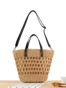 Handwoven Paper Rope Straw Tote Bag Hollow Mesh Handbag PU Leather Handle Summer Beach Vacation Retro Style For Women