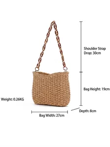 Straw woven shoulder bag with amber acrylic chain strap and detailed size dimensions