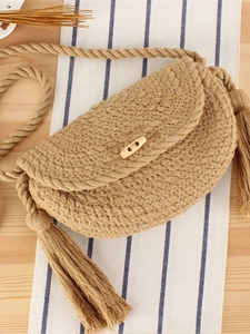 Sac À Épaule Tissé En Corde De Coton Fait Main Avec Franges Gland Bouton En Bois Bohème Plage Vacances Pour Femmes