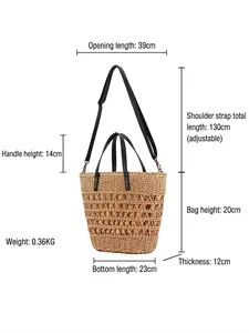 Straw tote bag with black leather straps and detailed size dimensions in centimeters