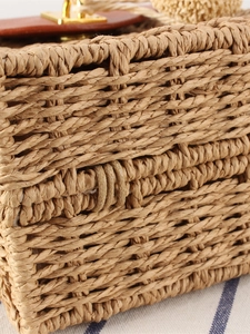 Retro paper rope woven crossbody bag with leather flap and golden metal twist lock closure