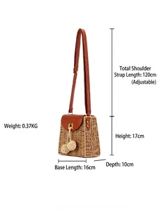 Vintage woven paper rope crossbody bag with leather flap and straw ball accents