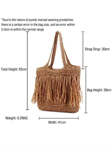 Handgewebte Strohtasche mit langen Fransen und Schultergurten für den Strandurlaub