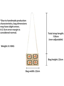 Sac bandoulière crochet fait main avec motifs floraux et détails du guide des tailles