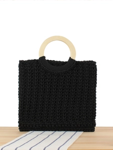 Cotton Rope Woven Handbag With Round Wood Handles Drawstring Canvas Inner Bag Bohemian Beach Vacation Tote For Women