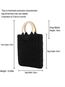 Black hand-woven cotton tote bag with round wooden handles for casual beach style