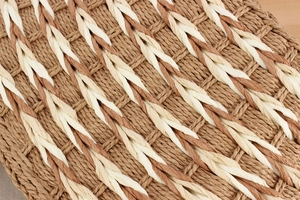 Macro shot of two-tone woven texture in beige and brown for summer straw beach bag