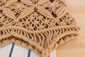 Close-up of bohemian hand-woven cotton rope bag showing intricate hollow-out texture