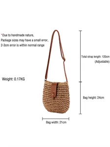 Minimalist brown straw woven shoulder bag for beach with dimensions 21cm x 24cm