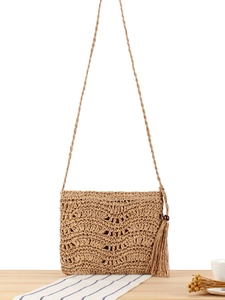 Sac À Bandoulière En Corde De Papier Tissé À La Main Avec Gland Et Perle En Bois Femmes Plage Vacances Style Bohème