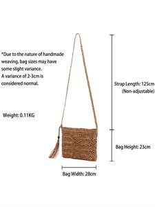Sac à bandoulière en paille tissée à la main avec pompons et perles en bois, 28cm