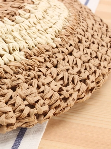 Minimalist round handwoven straw shoulder bag with two-tone wave texture for beach fashion