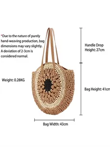 Handwoven round paper rope shoulder bag for beach with 43cm width and dimensions
