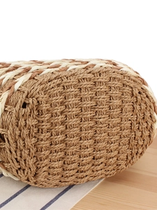 Large woven tote bag with brown and beige texture shown on a beach-style background