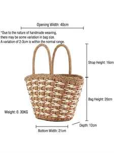 Large summer woven straw tote bag for beach with dimensions and size measurements