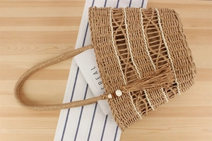 Detailed close-up of a woven straw bag featuring tassels, wooden beads, and textured patterns