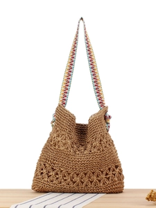 Woven Tote Bag Paper Rope Crochet Hollow Flower Colorful Shoulder Strap Bohemian Beach Casual Women