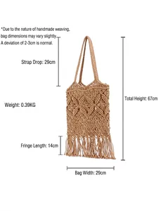 Beige macrame cotton woven tote bag with geometric diamond patterns and long tassels