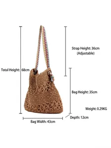 Handmade woven straw tote bag with colorful ethnic strap and boho floral pattern
