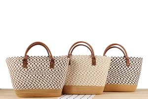 Three woven beach tote bags with leather handles in striped and solid textures