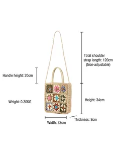 Handmade bohemian woven tote bag with colorful crochet floral patterns and shoulder strap