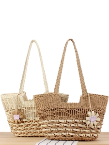 Bohemian Straw Woven Shoulder Bag Large Capacity Paper Rope Tote With Flower Charm Summer Beach Vacation For Women