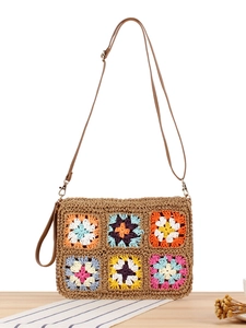 Borsa A Tracolla All Uncinetto Fatta A Mano In Corda Di Carta Retro Granny Square Fiore Pochette Donna Vacanze Stile Boho