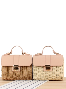 Sac Bandoulière Femme En Corde De Papier Tissé Petit Sac À Main Carré Avec Rabat En Cuir PU Style Bohème Plage