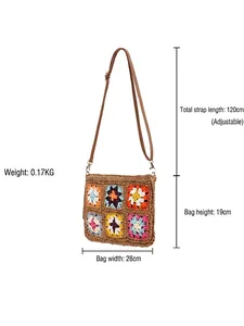 Borsa a tracolla retrò fatta a mano all'uncinetto con fiori in paglia, 28x19cm