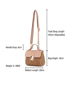 Sac à bandoulière fait main en paille tressée contrastée avec sangle en cuir et tailles