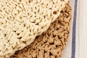 Close-up of beige and light brown hand-woven paper rope texture on a beach bag