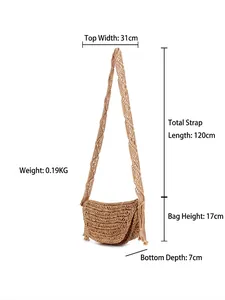 Brown handmade woven crossbody bag with tassel detail for casual vacation styling