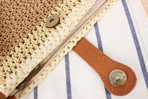 Macro detail of hand-woven straw bag with bronze zipper and brown faux leather strap