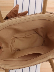 Borsa tote in tessuto beige minimalista con fiocco in rete marrone e zip di sicurezza