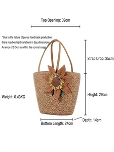Grande borsa tote in paglia kaki con decorazione a girasole e apertura superiore da 39cm