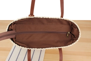 Macro view of woven tote bag interior showing zipper closure and fabric lining
