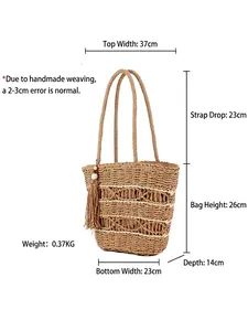 Handmade woven tote bag with dimensions 37x26x14cm and fringe detail for women